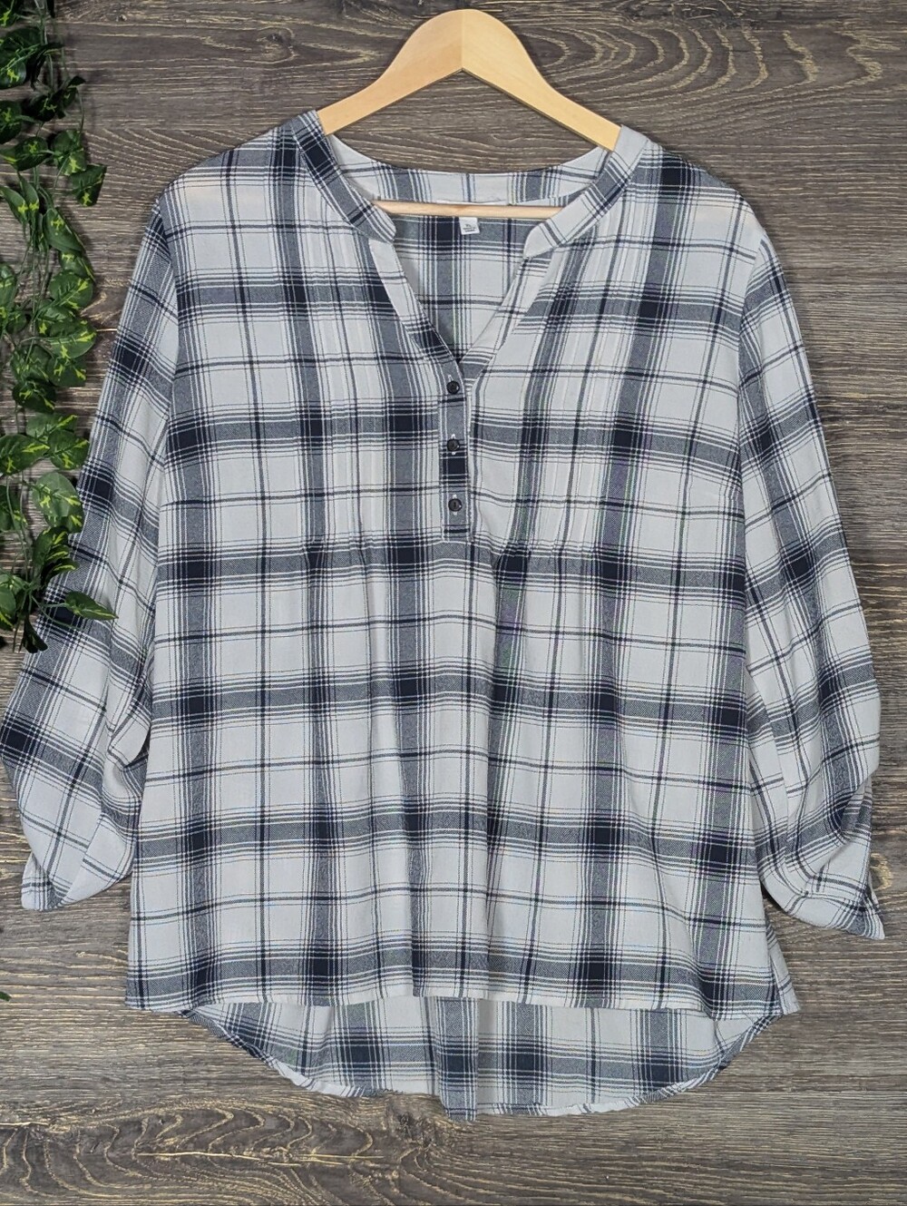 Notations Plaid Roll Tab Tunic Blouse XL